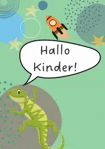 illustration einer grünen eidechse, die in einer sprechblase hallo kinder! sagt, mit sternen, kreisen und einer orangefarbenen rakete auf grünem hintergrund.