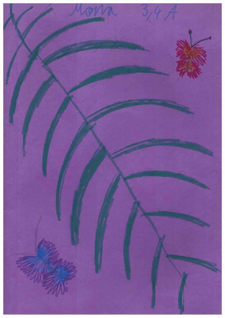 Individuelle Lernwege eine kinderzeichnung mit einem grünen, belaubten zweig und zwei bunten blumen, eine rot und eine lila, auf lila papier. oben steht in blauer handschrift mama und 3/4 a.