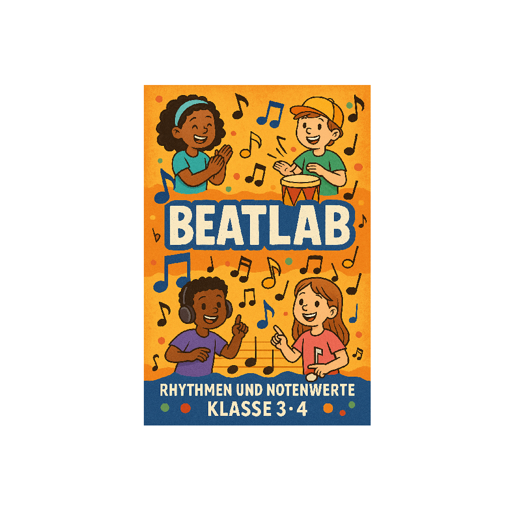 illustration von vier kindern, die musikinstrumente spielen und klatschen, umgeben von bunten musiknoten. der text lautet "beatlab" und darunter "rhythmen und notenwerte klasse 3 4" auf orangefarbenem hintergrund.