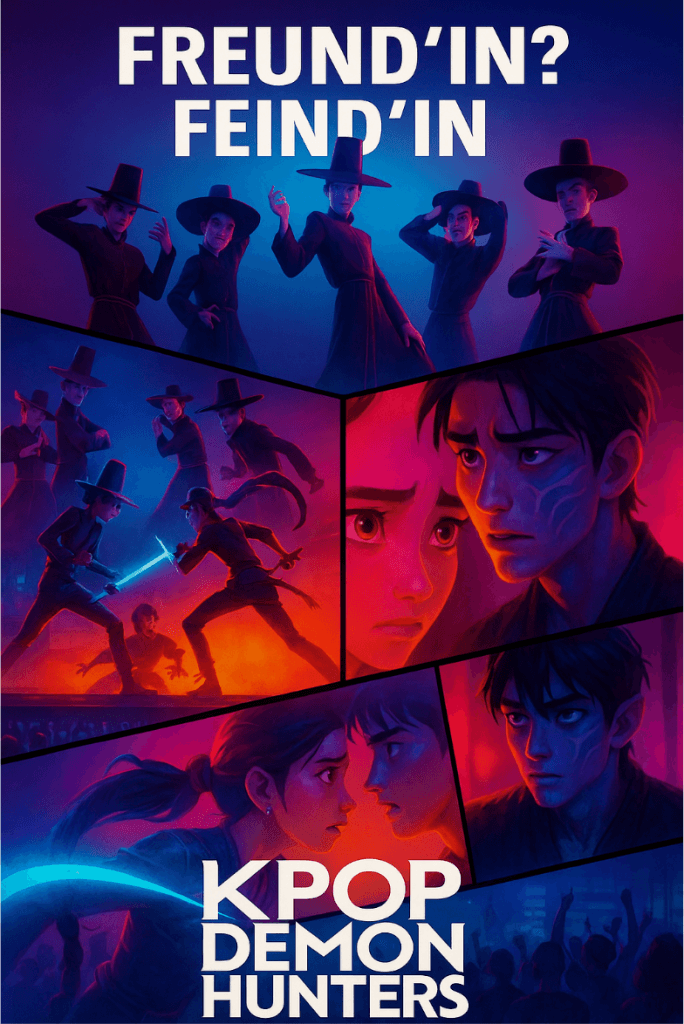 KPop Demon Hunters ein stilisiertes filmplakat zeigt k pop idole als dämonenjäger, mit dramatischen szenen mit glühenden schwertern, intensiven blicken, traditionellen und modernen kostümen und dem text: freund'in? feind'in und kpop demon hunters.