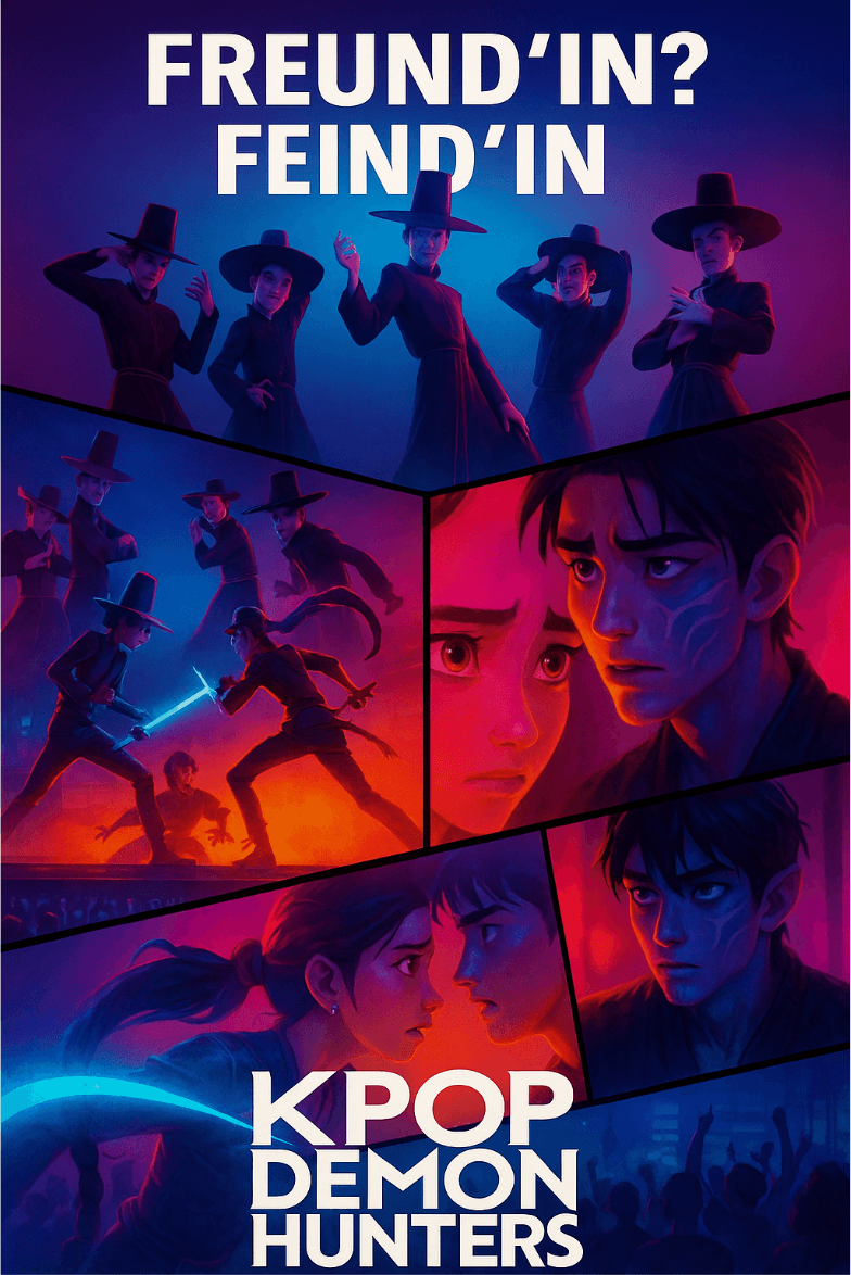 ein stilisiertes filmplakat zeigt k pop idole als dämonenjäger, mit dramatischen szenen mit glühenden schwertern, intensiven blicken, traditionellen und modernen kostümen und dem text: freund'in? feind'in und kpop demon hunters.