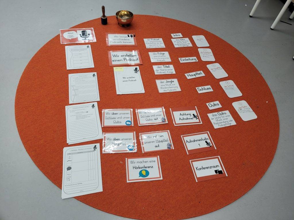 rechteckige karten und papiere mit deutschem text sind ordentlich auf einem orangefarbenen runden teppich angeordnet. dazu gehören eine glocke, eine schale und papiere mit schreibübungen und unterrichtsaufforderungen. die umgebung wirkt wie ein klassenzimmer.