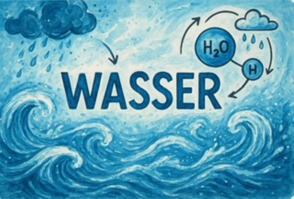 illustration mit dem wort wasser, die wellen, regenwolken und ein diagramm des wassermoleküls h₂o zeigt, zusammen mit dem wasserkreislauf in der natur. das farbschema ist blau und weiß.