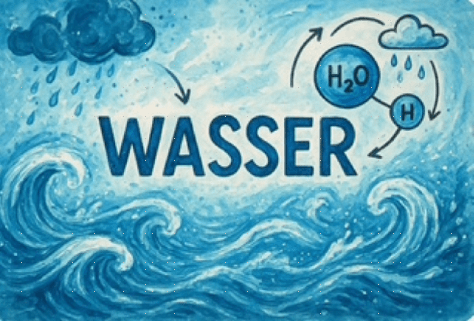 illustration mit dem wort wasser, die wellen, regenwolken und ein diagramm des wassermoleküls h₂o zeigt, zusammen mit dem wasserkreislauf in der natur. das farbschema ist blau und weiß.