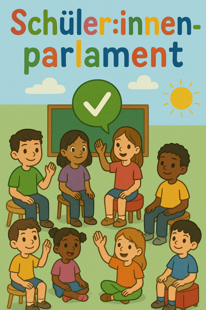 Schüler:innenparlament eine illustration von sieben kindern, die in einem kreis in einem klassenzimmer sitzen, mit einer kreidetafel und der sonne im hintergrund. der text darüber lautet schüler:innenparlament in bunten buchstaben. die kinder scheinen gemeinsam zu diskutieren.