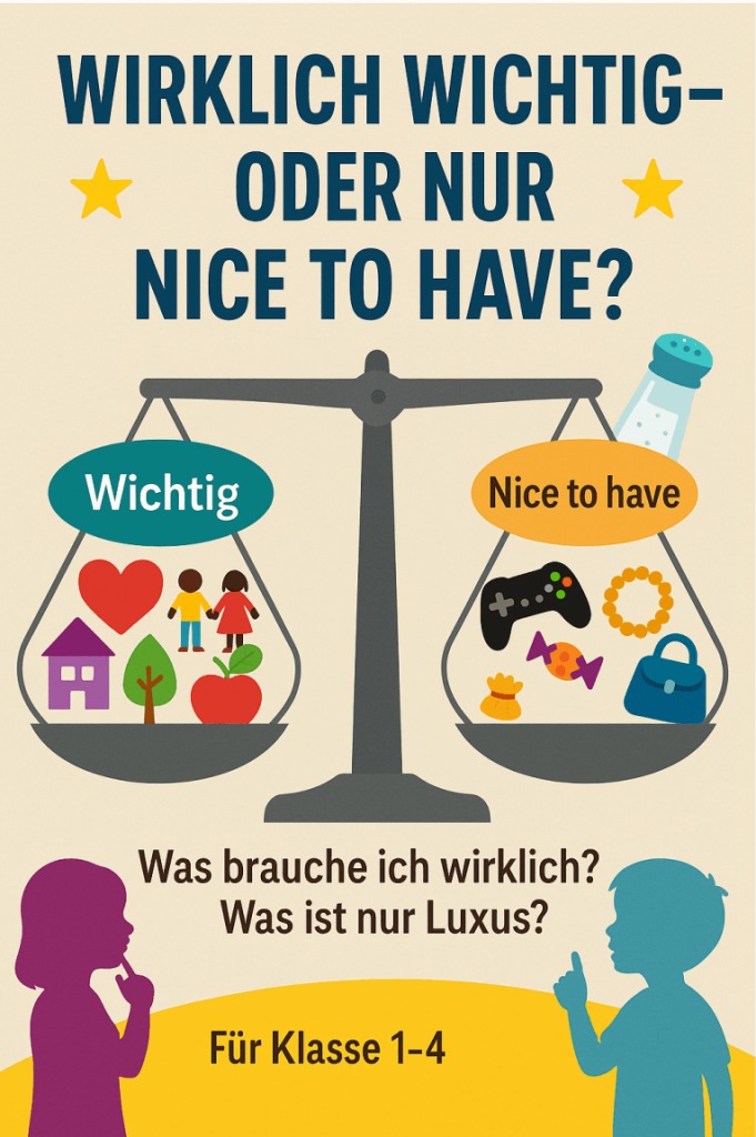 Projekt: Wirklich wichtig oder nur „nice to have“? illustration einer skala, auf der "wichtige" dinge wie familie, haus und essen auf der einen seite und "nice to have" gegenstände wie ein gamecontroller, schmuck und eine kamera auf der anderen seite verglichen werden. der text schlägt vor, zwischen bedürfnissen und luxus zu unterscheiden.