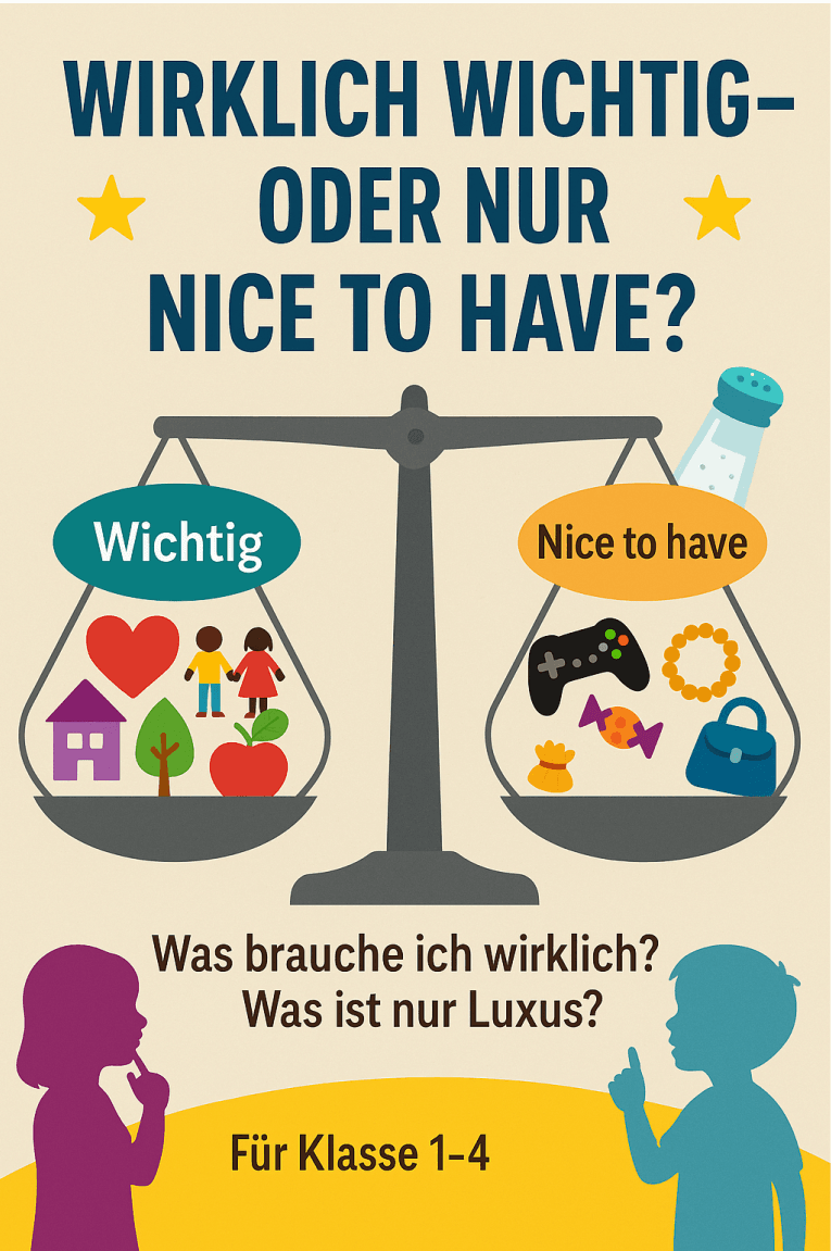 illustration einer skala, auf der "wichtige" dinge wie familie, haus und essen auf der einen seite und "nice to have" gegenstände wie ein gamecontroller, schmuck und eine kamera auf der anderen seite verglichen werden. der text schlägt vor, zwischen bedürfnissen und luxus zu unterscheiden.