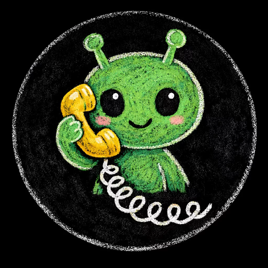 ein niedlicher grüner außerirdischer mit antennen hält sich lächelnd einen gelben telefonhörer ans ohr, auf einem schwarzen, kreisförmigen hintergrund im kreidestil.