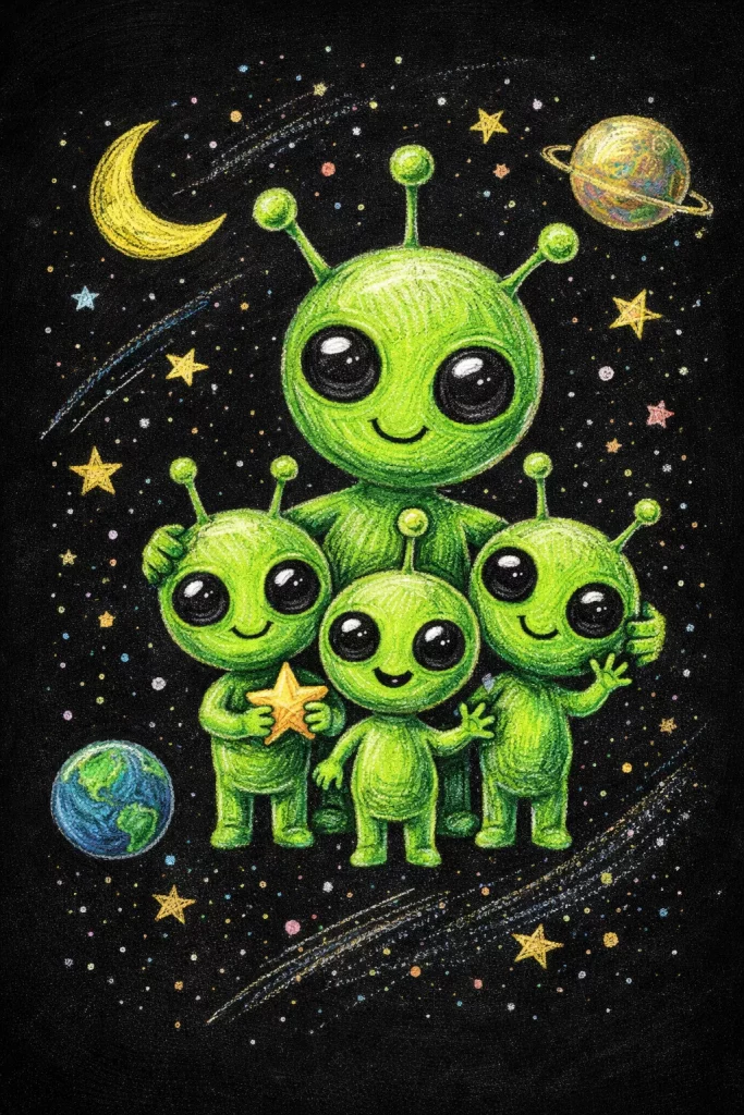 Eine Familie von vier niedlichen grünen Außerirdischen mit großen schwarzen Augen posiert zusammen, umgeben von Sternen, Planeten und einer Mondsichel, mit Erde und Saturn im Hintergrund vor einem schwarzen Weltraumhintergrund.