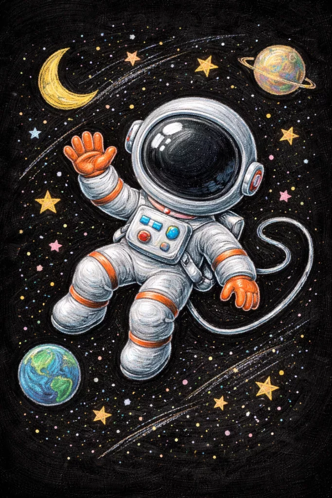 Ein Cartoon-Astronaut winkt, während er im Weltraum schwebt, umgeben von Planeten, Sternen und einer Mondsichel, wobei die Erde vor einem dunklen, sternenübersäten Hintergrund zu sehen ist.