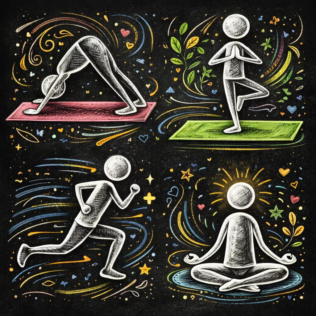 vier strichmännchen im kreidestil illustrieren aktivitäten: yogastellung auf einer rosa matte, baumstellung auf einer grünen matte, laufen und meditieren im schneidersitz, umgeben von bunten wirbeln, sternen, herzen und blättern auf schwarzem hintergrund. vier strichmännchen im kreidestil illustrieren aktivitäten: yogastellung auf einer rosa matte, baumstellung auf einer grünen matte, laufen und meditieren im schneidersitz, umgeben von bunten wirbeln, sternen, herzen und blättern auf schwarzem hintergrund.