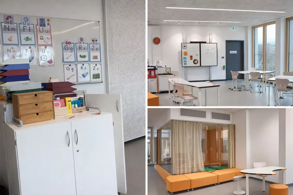 collage aus drei bildern von klassenzimmern: ein schrank mit tabletts und einer wandtafel, ein klassenzimmer mit tischen und einer tafel sowie eine gemütliche leseecke mit orangefarbenen sitzmöbeln und einem tisch hinter glaswänden.