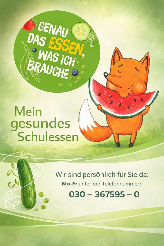 illustration eines glücklichen fuchses, der ein stück wassermelone in der hand hält, mit text, der für gesunde schulmahlzeiten wirbt, einer gurkenzeichnung und kontaktinformationen. das design ist hell und einladend und richtet sich an kinder.