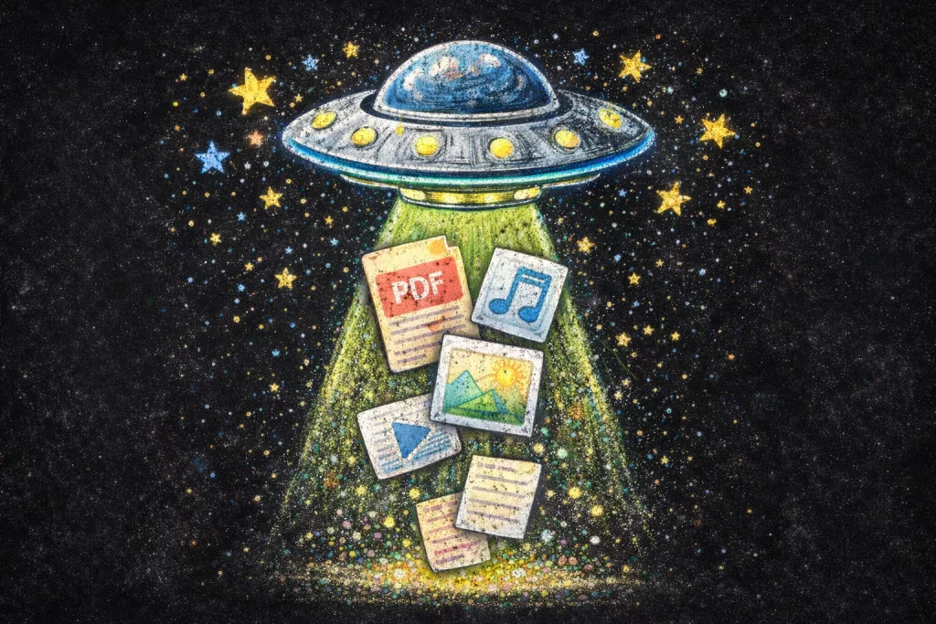 Downloads ein ufo strahlt grüne lichtstrahlen aus und entführt verschiedene digitale dateisymbole, darunter pdf , musik , foto und dokumentdateien, vor einem sternenklaren, kosmischen hintergrund.