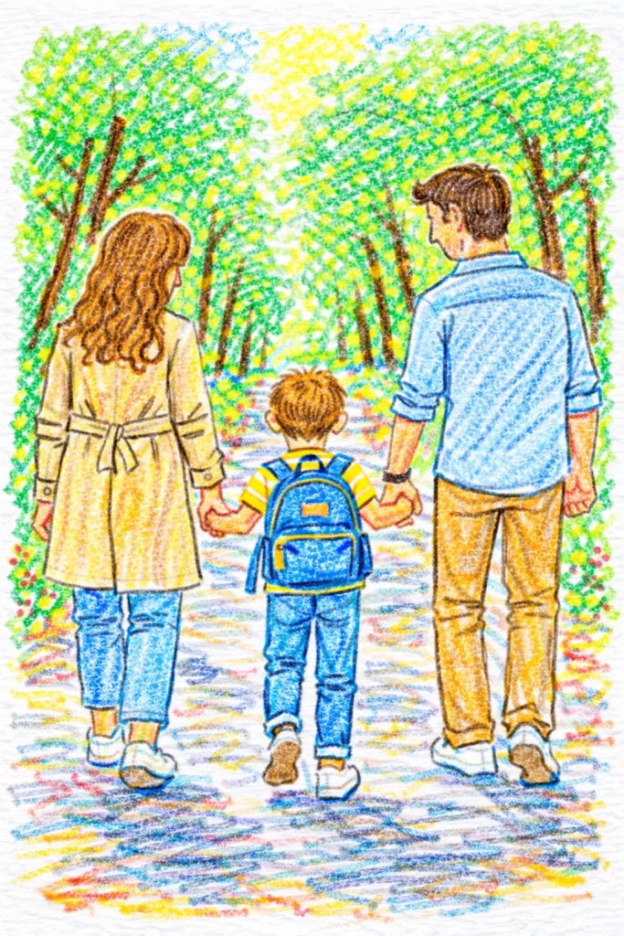 eine bunte zeichnung einer familie, die im freien spazieren geht. zwei erwachsene, einer in einem beigen mantel und ein anderer in einem blauen hemd, halten sich an den händen, während ein kind ein gestreiftes hemd und einen blauen rucksack trägt, alle von hinten auf einem von bäumen gesäumten weg gesehen. eine bunte zeichnung einer familie, die im freien spazieren geht. zwei erwachsene, einer in einem beigen mantel und ein anderer in einem blauen hemd, halten sich an den händen, während ein kind ein gestreiftes hemd und einen blauen rucksack trägt, alle von hinten auf einem von bäumen gesäumten weg gesehen.