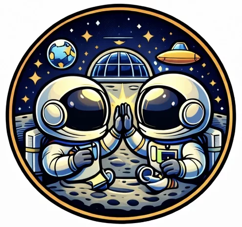 zwei cartoon astronauten in raumanzügen geben sich auf dem mond sitzend die hand, mit der erde, einem raumschiff und sternen im hintergrund, eingerahmt von einem kreisförmigen rahmen. zwei cartoon astronauten in raumanzügen geben sich auf dem mond sitzend die hand, mit der erde, einem raumschiff und sternen im hintergrund, eingerahmt von einem kreisförmigen rahmen.