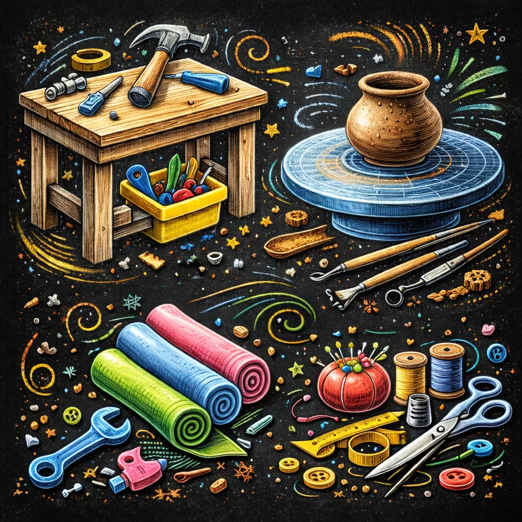 eine farbenfrohe illustration verschiedener bastelwerkzeuge und materialien, darunter eine werkbank, eine töpferscheibe mit tontopf, pinsel, stoffrollen, fadenspulen, eine schere und ein nadelkissen, alles umgeben von wirbelnden dekorativen mustern. eine farbenfrohe illustration verschiedener bastelwerkzeuge und materialien, darunter eine werkbank, eine töpferscheibe mit tontopf, pinsel, stoffrollen, fadenspulen, eine schere und ein nadelkissen, alles umgeben von wirbelnden dekorativen mustern.