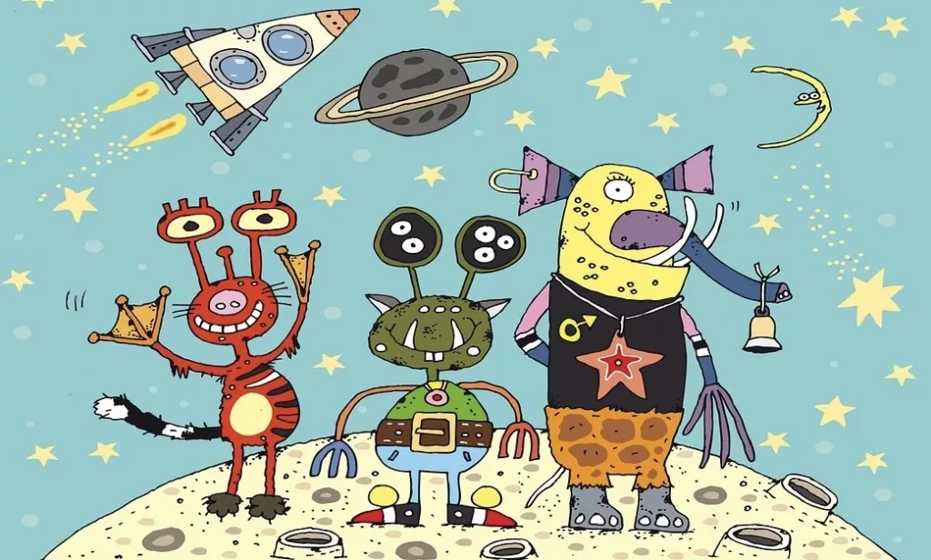 drei farbenfrohe cartoon aliens stehen auf einer mondähnlichen fläche und halten trophäen in der hand. hinter ihnen befinden sich sterne, planeten, raketen und eine mondsichel am himmel. die szene ist verspielt und skurril.