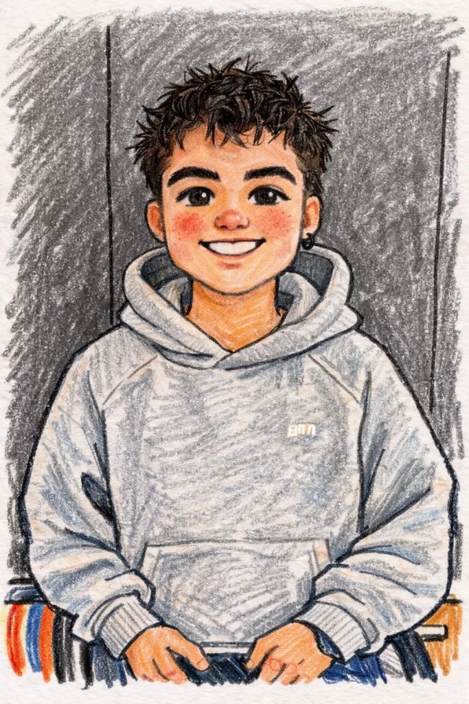 eine bunte zeichnung einer lächelnden person mit kurzen, stacheligen dunklen haaren, die einen hellgrauen kapuzenpullover und einen ohrring trägt und vor einem dunklen hintergrund sitzt. ihre hände sind am unteren rand des bildes sichtbar.