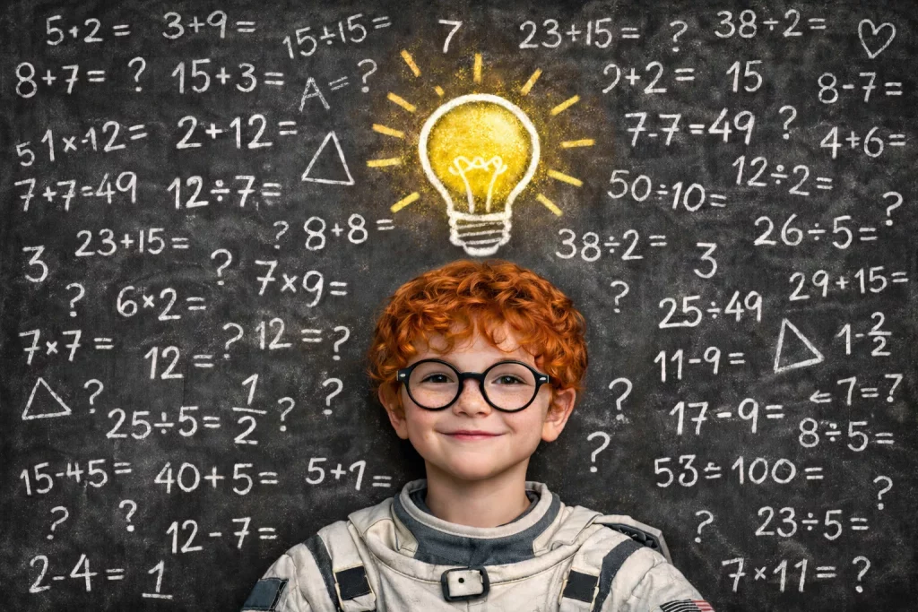 ein lächelndes kind mit lockigem rotem haar und brille trägt einen astronautenanzug und steht vor einer kreidetafel mit mathematischen gleichungen und fragezeichen. Über dem kopf des kindes ist eine leuchtende glühbirne eingezeichnet.