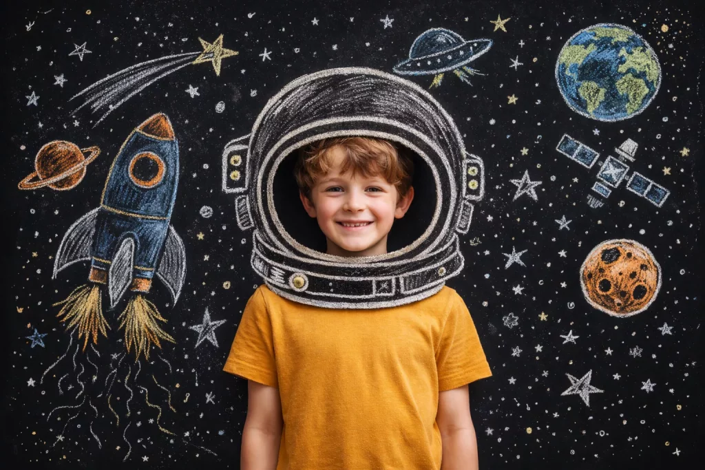 Ein lächelndes Kind in einem gelben Hemd steht vor einer Tafel mit bunten Kreidezeichnungen eines Astronautenhelms, Planeten, einer Rakete, Sterne, eines Asteroiden, der Erde und eines Satelliten.