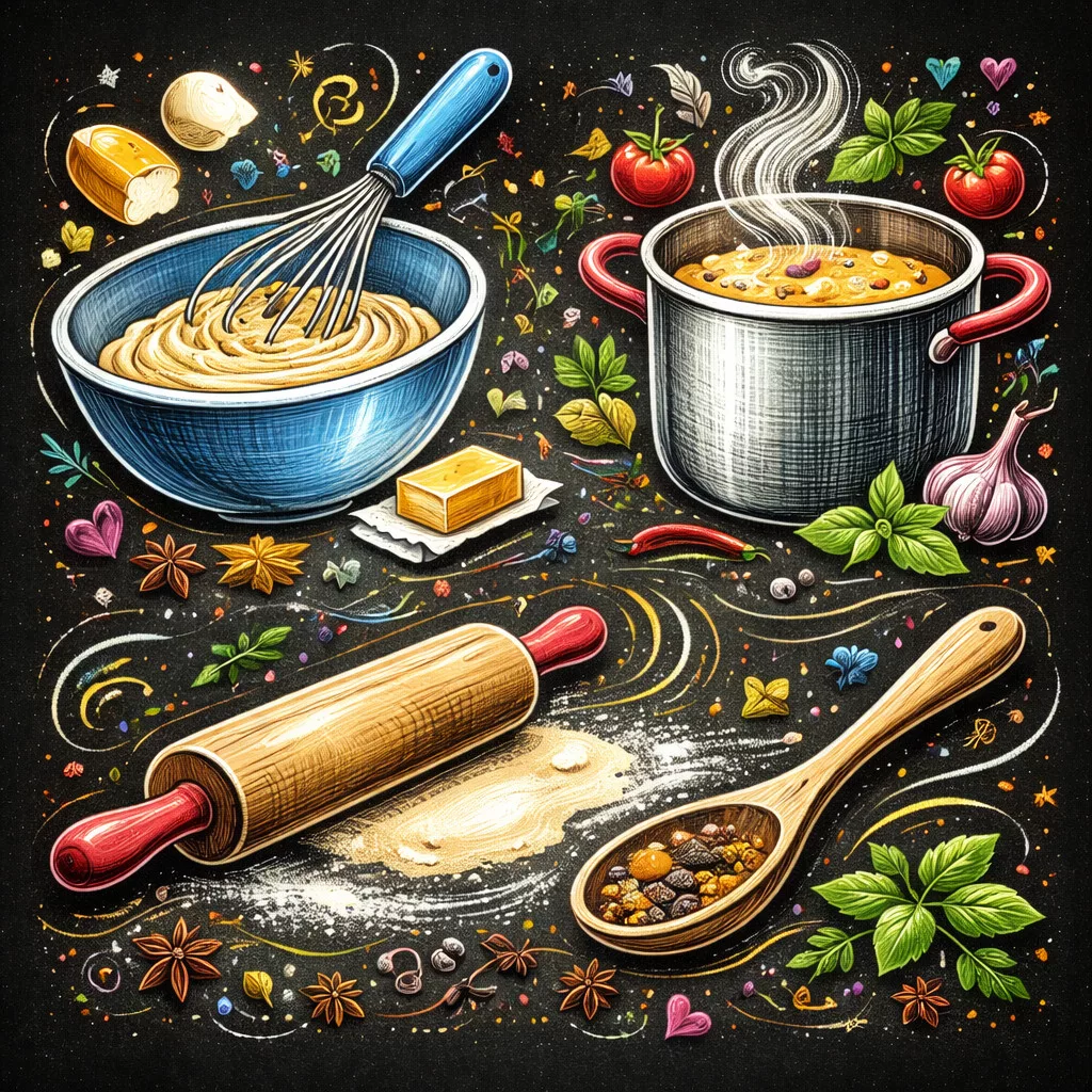 bunte illustration von back und kochwerkzeugen: ein schneebesen, der teig in einer schüssel vermischt, ein dampfender topf mit suppe, ein nudelholz auf bemehltem teig und ein löffel mit gewürzen, umgeben von kräutern, knoblauch, tomaten und dekorativen lebensmittelelementen. bunte illustration von back und kochwerkzeugen: ein schneebesen, der teig in einer schüssel vermischt, ein dampfender topf mit suppe, ein nudelholz auf bemehltem teig und ein löffel mit gewürzen, umgeben von kräutern, knoblauch, tomaten und dekorativen lebensmittelelementen.