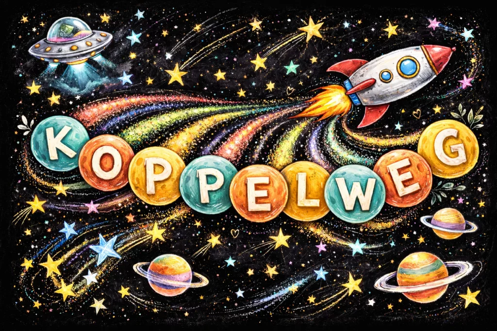 bunte zeichnung einer rakete und eines ufos, die durch eine sternenszene mit planeten und sternen fliegen und regenbogenstaub hinter dem text koppelweg auf runden, farbigen formen hinterlassen.