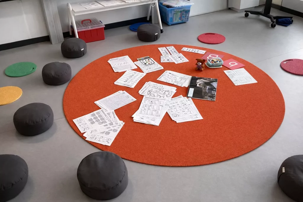 ein runder orangefarbener teppich, auf dem arbeitsblätter, ein buch und kleine spielsachen verstreut liegen. graue bodenkissen umgeben den teppich, und im hintergrund des klassenzimmers befinden sich bunte matten und aufbewahrungsboxen. ein runder orangefarbener teppich, auf dem arbeitsblätter, ein buch und kleine spielsachen verstreut liegen. graue bodenkissen umgeben den teppich, und im hintergrund des klassenzimmers befinden sich bunte matten und aufbewahrungsboxen.