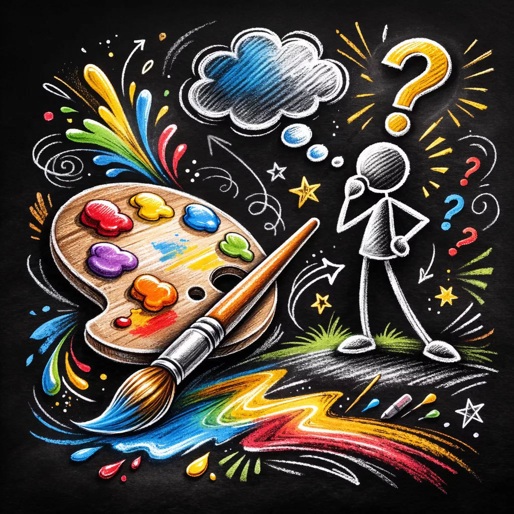 eine bunte kreidezeichnung zeigt eine farbpalette, einen pinsel, wirbelnde farben und ein strichmännchen mit einer gedankenwolke und einem fragezeichen über dem kopf, umgeben von kritzeleien mit sternen, pfeilen und fragezeichen auf einer tafel. eine bunte kreidezeichnung zeigt eine farbpalette, einen pinsel, wirbelnde farben und ein strichmännchen mit einer gedankenwolke und einem fragezeichen über dem kopf, umgeben von kritzeleien mit sternen, pfeilen und fragezeichen auf einer tafel.