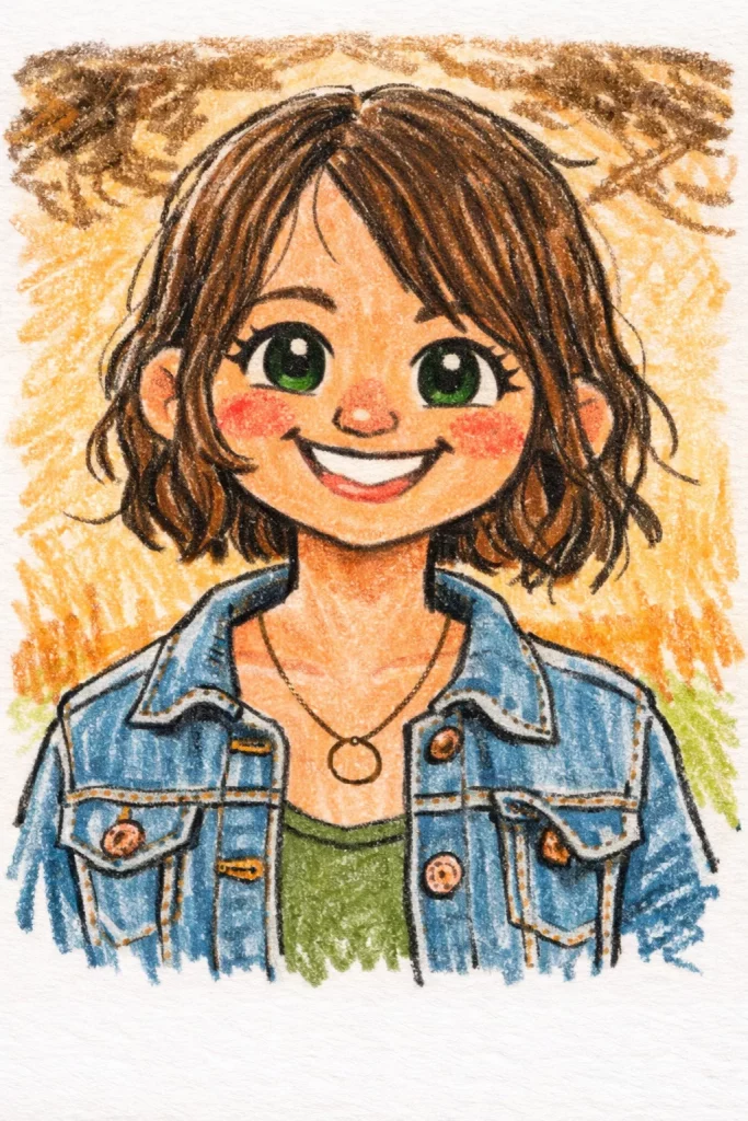 eine bunte, handgezeichnete illustration einer lächelnden person mit kurzen braunen haaren, grünen augen und rosigen wangen, die eine blaue jeansjacke über einem grünen oberteil trägt, mit einer goldenen halskette, vor einem warmen, strukturierten hintergrund.