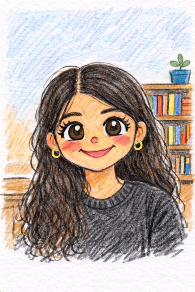 eine farbenfrohe zeichnung eines lächelnden mädchens mit großen augen, langen lockigen dunklen haaren, goldenen reifohrringen und einem schwarzen pullover. im hintergrund sind bücherregale und eine kleine topfpflanze zu sehen.