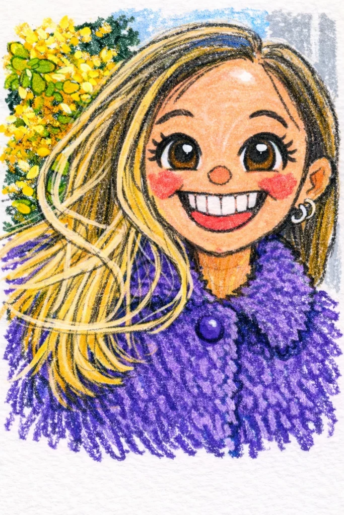 ein fröhliches cartoon mädchen mit langen blonden haaren, das einen flauschigen lila mantel trägt, lächelt breit und hat rosige wangen. im hintergrund sind gelbe blumen und grünpflanzen zu sehen.