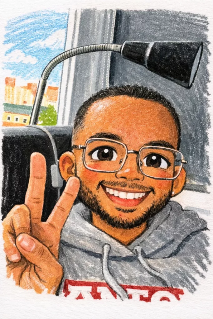eine buntstiftzeichnung einer lächelnden person mit brille und gesichtsbehaarung, die mit ihrer rechten hand ein friedenszeichen macht. sie trägt einen grauen kapuzenpulli und sitzt an einem fenster, mit einer flexiblen leselampe über ihrem kopf.