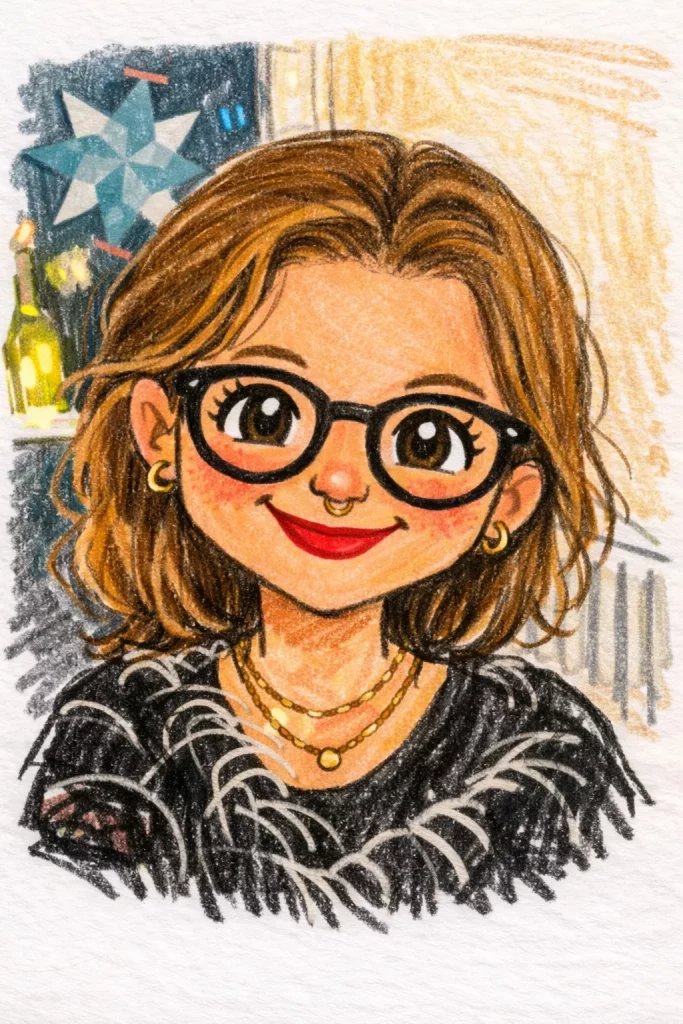 eine bunte illustration einer lächelnden person mit braunem haar, brille, rotem lippenstift und goldschmuck, die ein schwarzes oberteil trägt. der hintergrund hat einen stern dekoration und eine flasche.