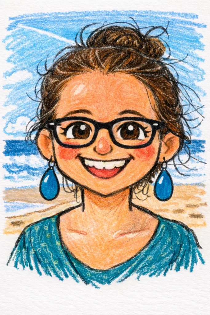 eine farbenfrohe zeichnung einer lächelnden jungen frau mit braunen haaren in einem dutt, die eine brille, blaue tropfenohrringe und ein blaugrünes oberteil trägt und an einem sandstrand mit dem meer und dem himmel im hintergrund steht.