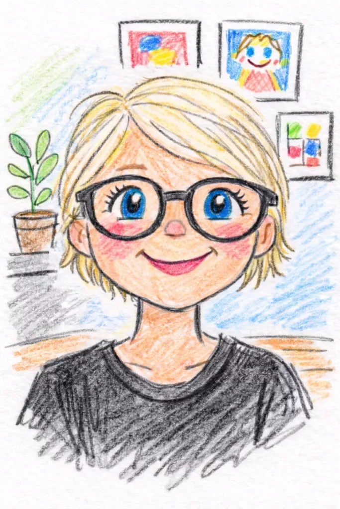 eine handgezeichnete illustration einer lächelnden person mit kurzen blonden haaren, blauen augen und einer schwarzen brille, die ein schwarzes hemd trägt. im hintergrund befinden sich gerahmte bilder und eine topfpflanze.