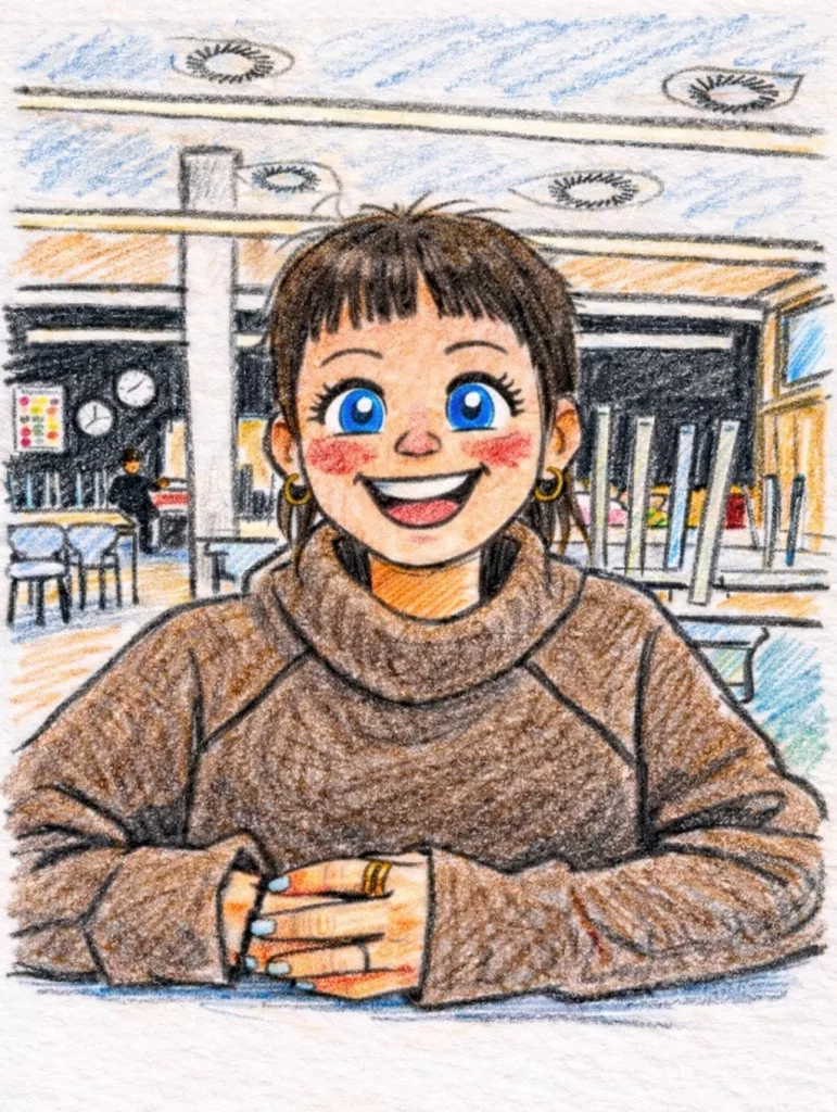 eine lächelnde person mit kurzen braunen haaren, blauen augen und rosigen wangen sitzt an einem tisch in einem hell erleuchteten raum. sie trägt einen braunen pullover und goldene reifohrringe. im hintergrund sind leere stühle und tische zu sehen.