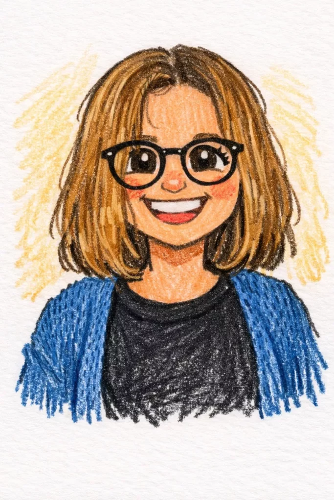 eine bunte zeichnung einer lächelnden person mit schulterlangem braunem haar, die eine brille, ein schwarzes hemd und einen blauen pullover trägt. der hintergrund hat gelbe skizzenhafte linien.