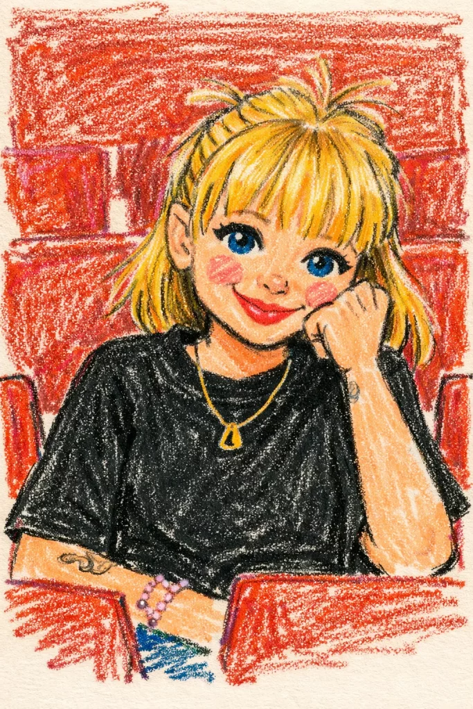 eine buntstiftzeichnung eines lächelnden jungen mädchens mit blondem haar und blauen augen, das ein schwarzes hemd und eine goldene halskette trägt und in einem roten theatersessel sitzt und das kinn auf die hand stützt.