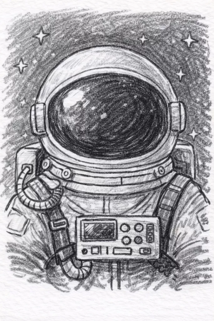 eine bleistiftskizze eines astronauten in einem raumanzug, der im weltraum schwebt und ein steuergerät hält. im hintergrund sind sterne zu sehen, und das helmvisier des astronauten reflektiert licht.