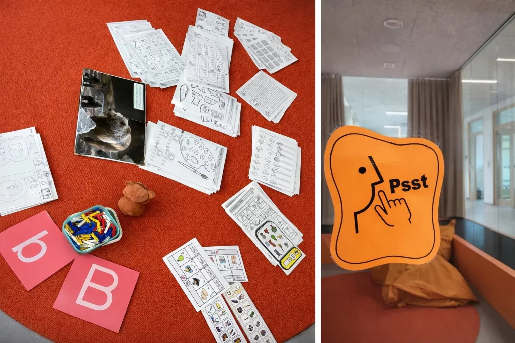 links: verschiedene arbeitsblätter, karten und ein spielzeugbär auf einem orangefarbenen teppich. rechts: eine glastür mit einem orangefarbenen schild, auf dem ein finger über den lippen und der text "psst" zu lesen ist, der ruhe suggeriert. im inneren sind ein sitzsack und ein vorhang zu sehen.