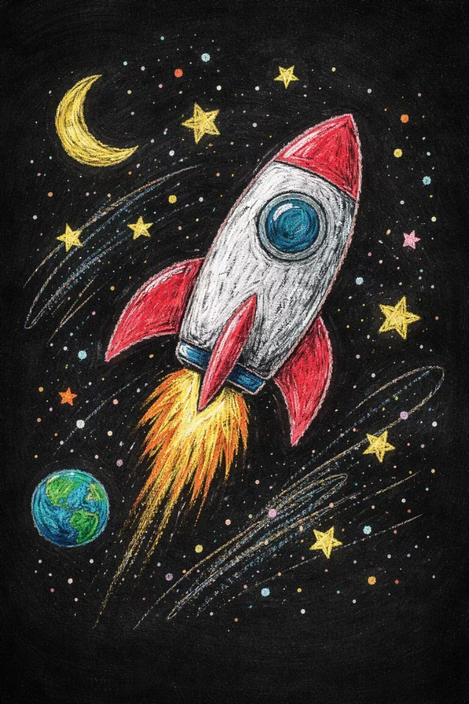 bunte kreidezeichnung eines roten und weißen raketenschiffs, das mit gelben flammen durch den weltraum schießt, umgeben von sternen, dem mond, der erde und wirbelnden spuren auf schwarzem hintergrund.
