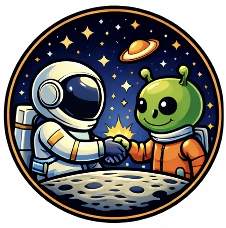 ein cartoon astronaut und ein grüner außerirdischer schütteln sich auf dem mond die hände, mit sternen und einem planeten im hintergrund, als symbol für interstellare freundschaft und zusammenarbeit. ein cartoon astronaut und ein grüner außerirdischer schütteln sich auf dem mond die hände, mit sternen und einem planeten im hintergrund, als symbol für interstellare freundschaft und zusammenarbeit.
