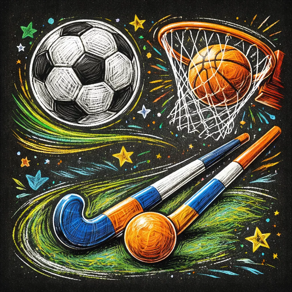 bunte kreidezeichnung eines fußballs, eines basketballs, der durch einen reifen geht, und zweier feldhockeyschläger mit einem ball, umgeben von sternen und wirbeln auf einem tafelhintergrund. bunte kreidezeichnung eines fußballs, eines basketballs, der durch einen reifen geht, und zweier feldhockeyschläger mit einem ball, umgeben von sternen und wirbeln auf einem tafelhintergrund.