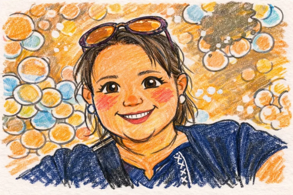 ein buntes, handgezeichnetes porträt einer lächelnden person mit sonnenbrille auf dem kopf, dunklem haar und roten wangen. der hintergrund ist mit hellen, sich überlappenden kreisen in gelb , orange und blautönen gefüllt.
