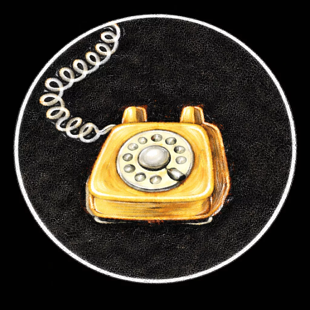 illustration eines alten gelben wählscheibentelefons mit einer gewundenen schnur vor einem schwarzen runden hintergrund.