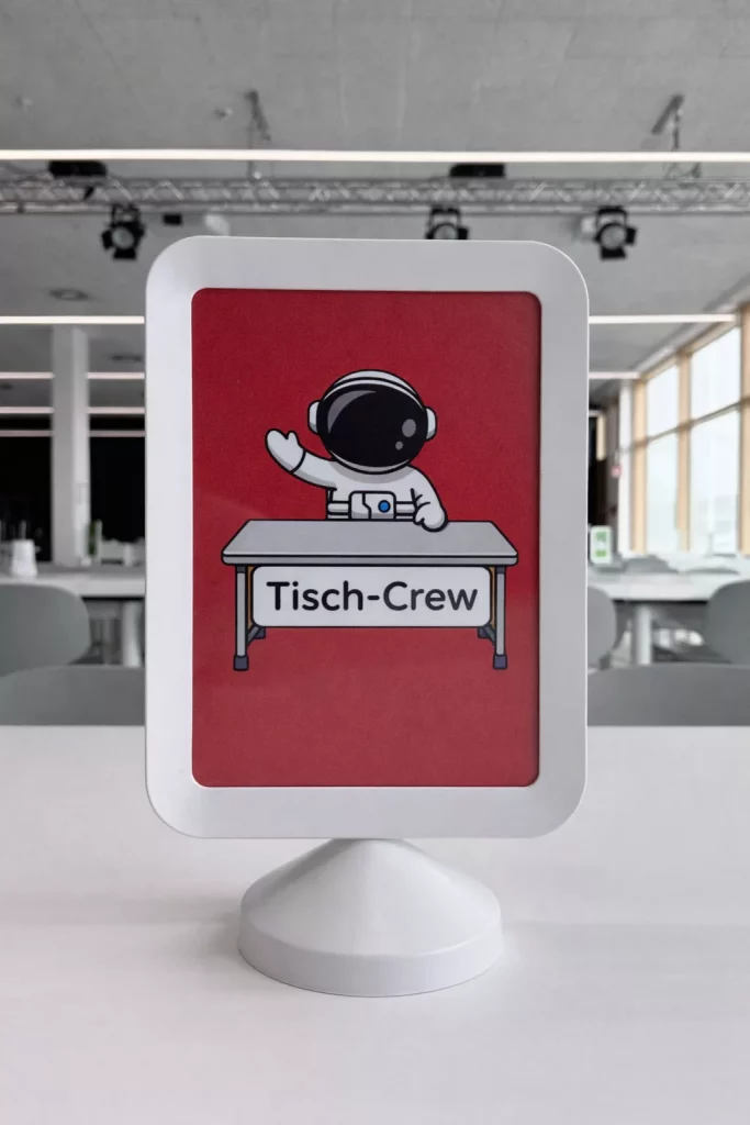 ein schild mit einem winkenden cartoon astronauten, der an einem schreibtisch sitzt, mit der aufschrift tisch crew auf deutsch, auf einem weißen ständer in einem modernen, hellen raum.
