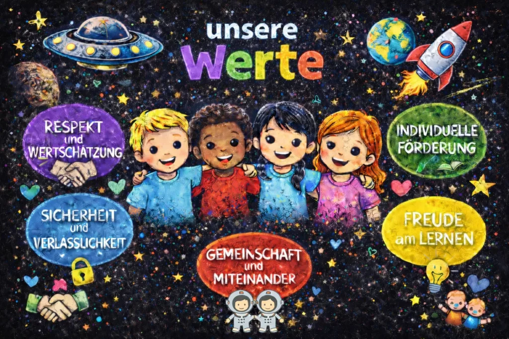 eine farbenfrohe illustration zeigt fünf lächelnde kinder, die sich an den händen halten, umgeben von zeichnungen zum thema weltraum und deutschen textblasen, die werte wie respekt, sicherheit, gemeinschaft und freude am lernen hervorheben. eine farbenfrohe illustration zeigt fünf lächelnde kinder, die sich an den händen halten, umgeben von zeichnungen zum thema weltraum und deutschen textblasen, die werte wie respekt, sicherheit, gemeinschaft und freude am lernen hervorheben.