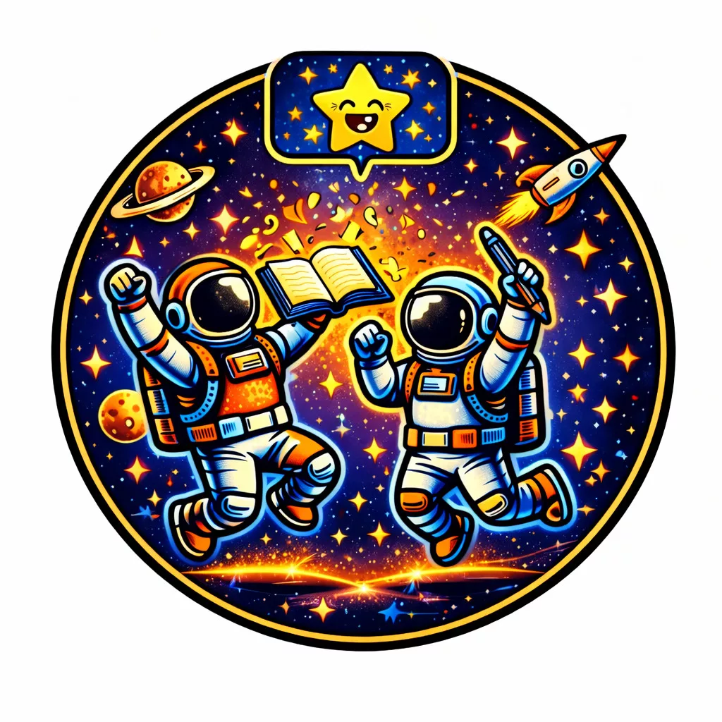 zwei cartoon astronauten schweben freudig im weltraum, umgeben von sternen, planeten und einer rakete. ein astronaut hält ein buch, während ein lächelnder stern über ihnen erscheint. die szene ist bunt und lebendig in einem kreisförmigen rahmen. zwei cartoon astronauten schweben freudig im weltraum, umgeben von sternen, planeten und einer rakete. ein astronaut hält ein buch, während ein lächelnder stern über ihnen erscheint. die szene ist bunt und lebendig in einem kreisförmigen rahmen.