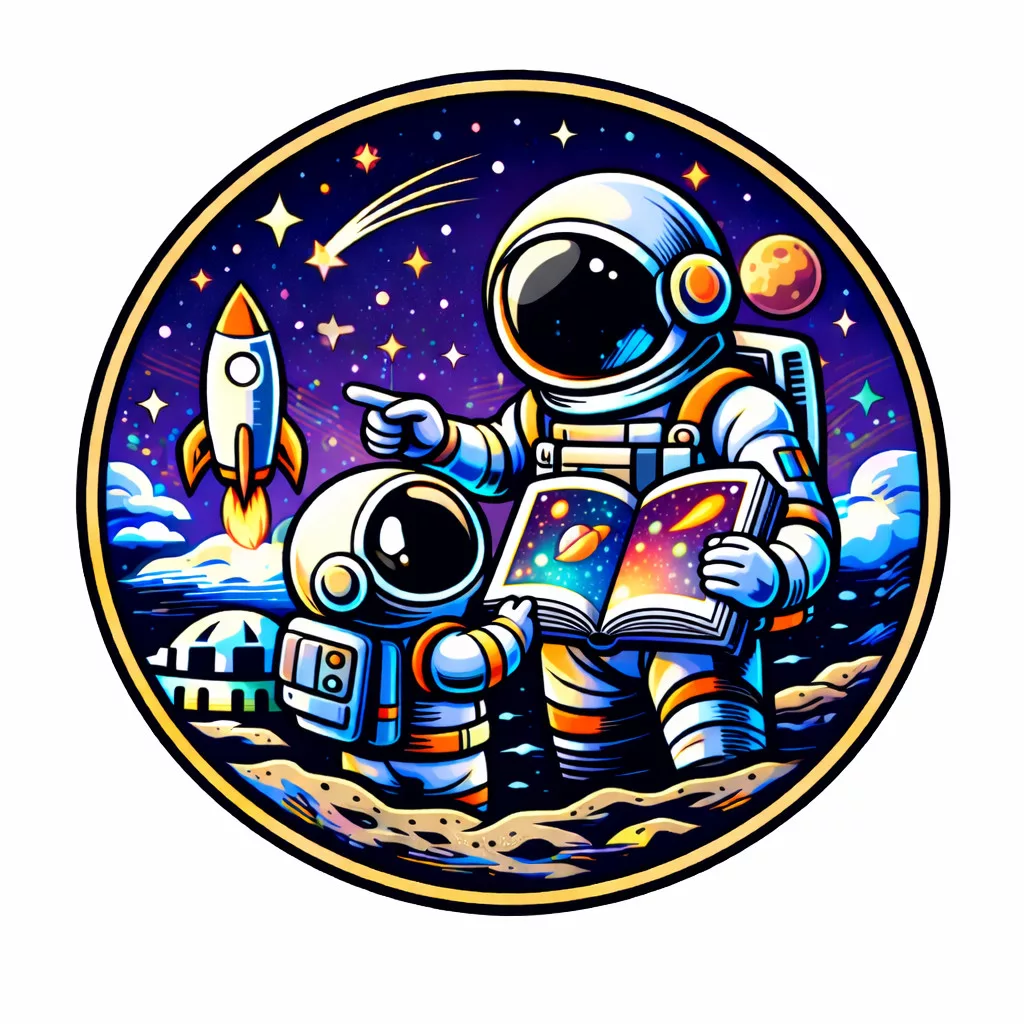 eine bunte illustration von zwei astronauten, einem erwachsenen und einem kind, die auf dem mond stehen. der erwachsene zeigt auf den sternenhimmel und hält ein aufgeschlagenes buch in der hand. im hintergrund startet eine rakete, und planeten und sterne sind zu sehen. eine bunte illustration von zwei astronauten, einem erwachsenen und einem kind, die auf dem mond stehen. der erwachsene zeigt auf den sternenhimmel und hält ein aufgeschlagenes buch in der hand. im hintergrund startet eine rakete, und planeten und sterne sind zu sehen.